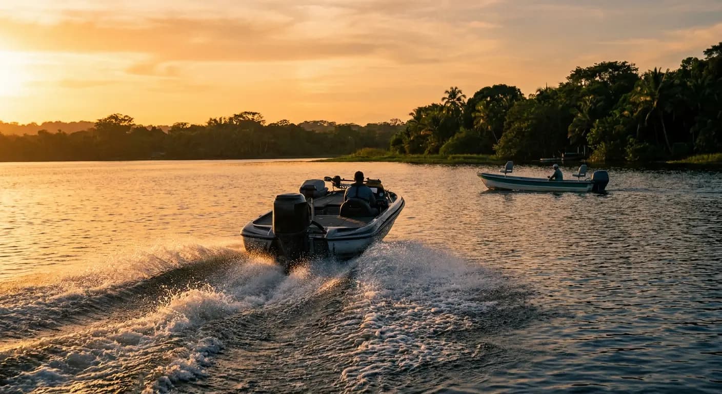 Lancha de pesca saindo pelo Lago Corumbá ao entardecer, com outra embarcação ao fundo, perto de Caldas Novas